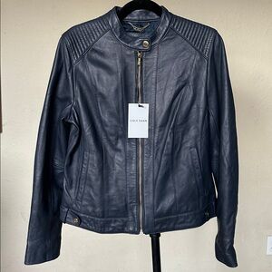 Cole Haan Lamb Leather Moto Jacket Womens size Large blue navy  $450